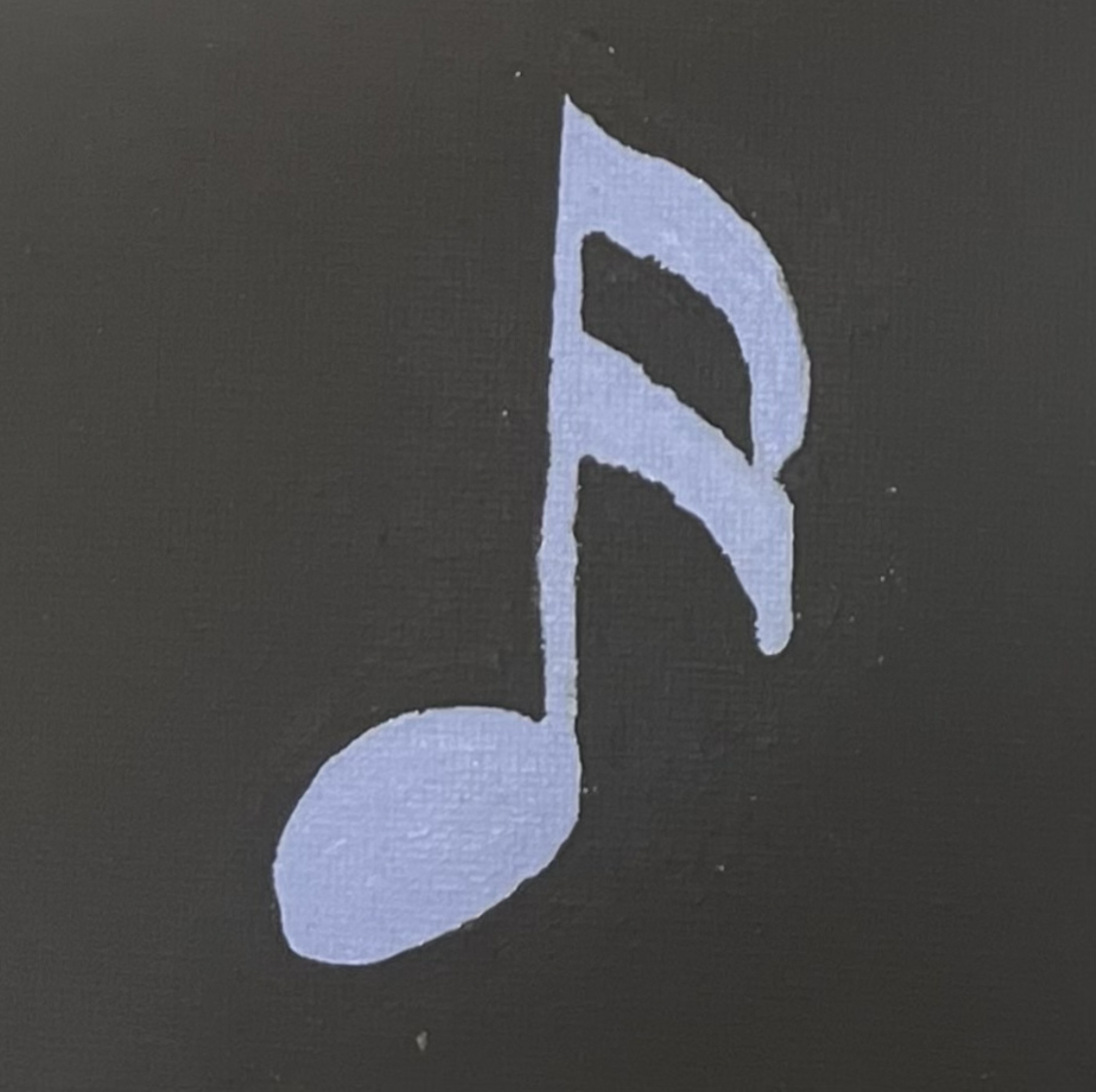 Painting of a periwinkle musical sixteenth note on a black background.